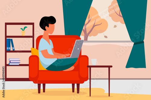 Man with a laptop in a chair. Home office concept, a man working from home, student or freelancer. Vector illustration in flat style
