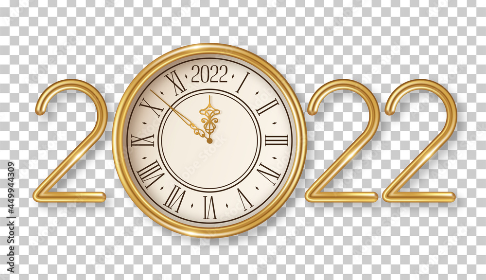 Happy New Year logo 2022 shining with gold vintage clock on transparent
