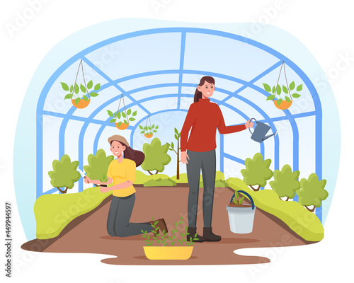People gardening, florist look after flower seedlings, domestic farming, creative eco-garden, interior with glass walls. Flat cartoon vector concept design web banner isolated on white background