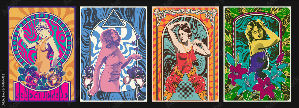 Fototapeta 1960s - 1970s Psychedelic Posters Style Illustrations, Retro Women, Art Nouveau Frames, Psychedelic Colors and Backgrounds