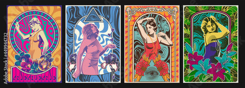 1960s - 1970s Psychedelic Posters Style Illustrations, Retro Women, Art Nouveau Frames, Psychedelic Colors and Backgrounds  photo