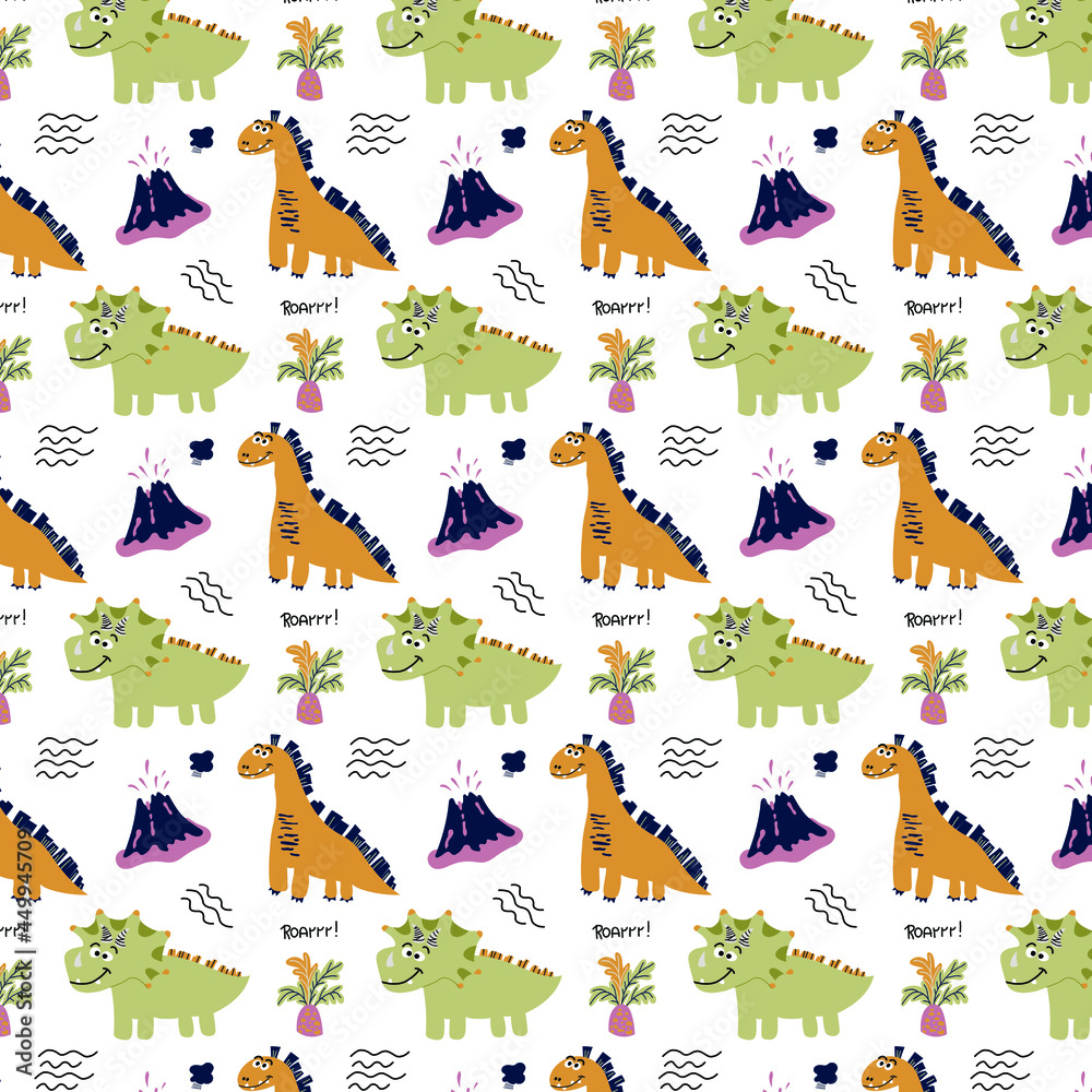 Dinosaurs kids seamless pattern. Cute funny brachiosaur and triceratops. Flat style. For wallpaper, card, textile, fabric. Vector illustration