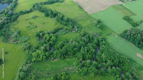 Meanders river delta river dron aerial video shot inland in floodplain forest and lowlands wetland swamp, quadcopter view flying fly flight show, protected landscape area of Litovelske Pomoravi photo