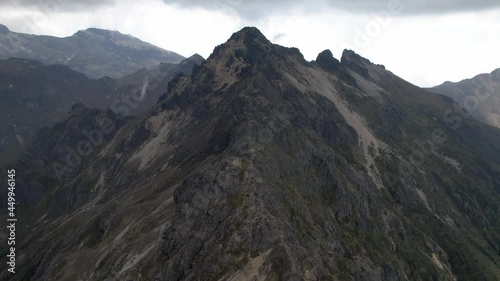 A 4K aerial view of the rugged Rucca Pichincha Volcano in Quito, Ecuador