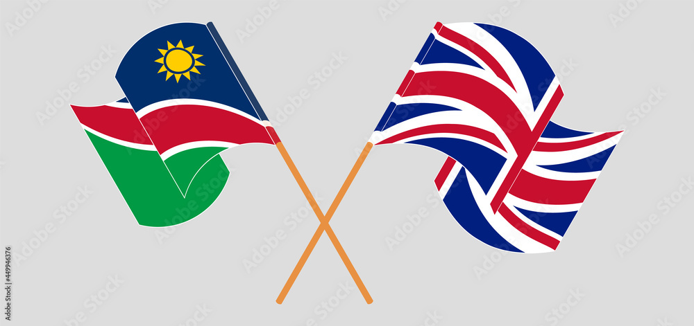 Crossed and waving flags of Namibia and the UK
