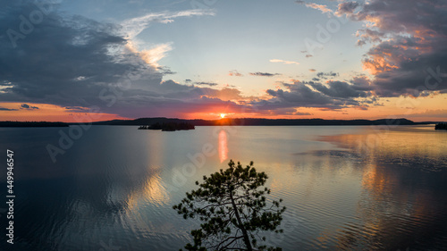 Aerial of sunset over the lake