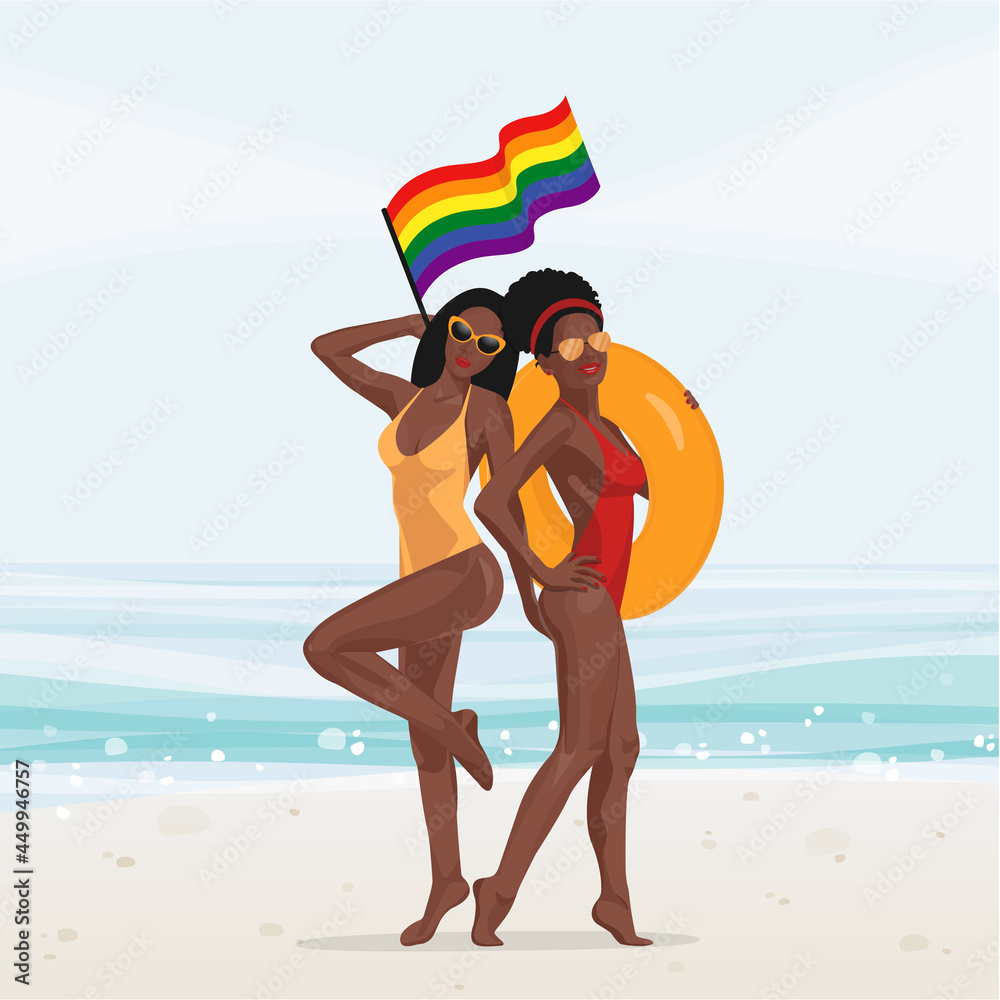 Vector rainbow gay LGBT rights icons and symbols. Homosexual woman love and flag illustration on the beach by sea