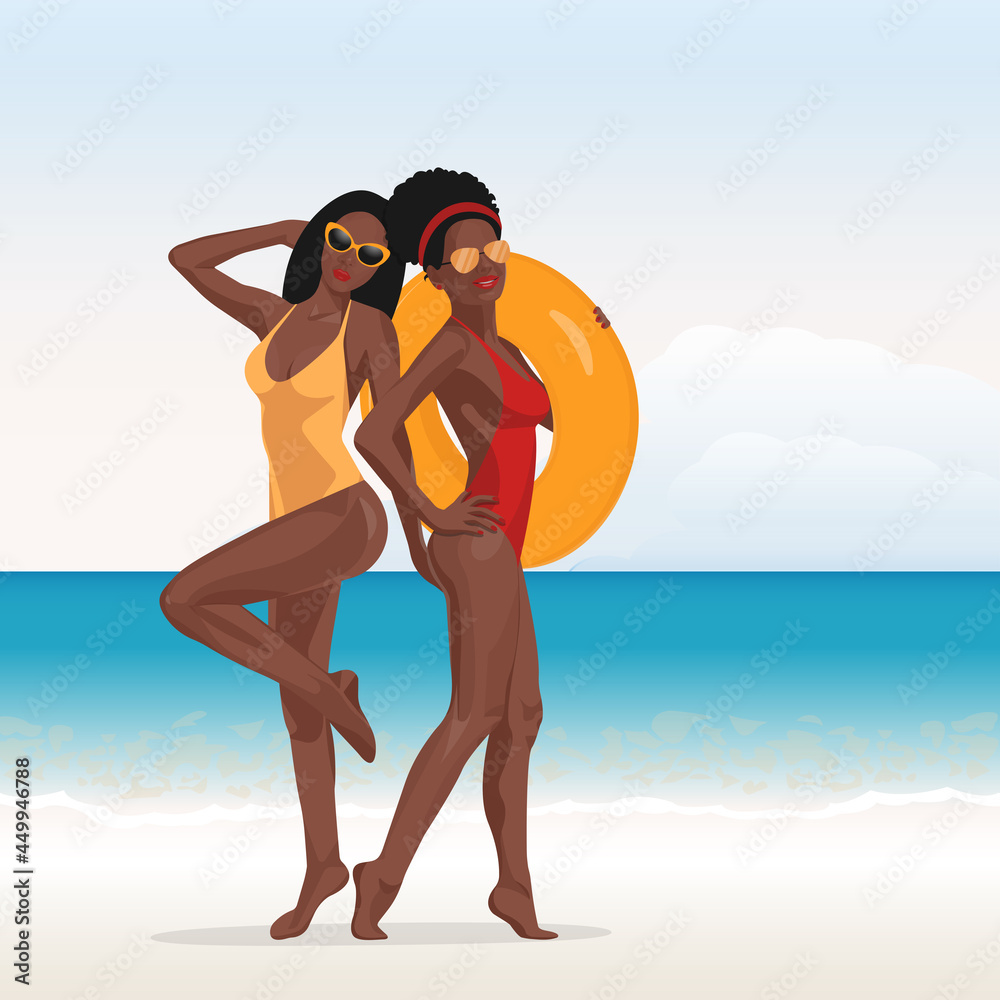 happy surfing girls relaxing on the beach. Enjoying Sexy women On Summer Sea Vacation Vector Illustration