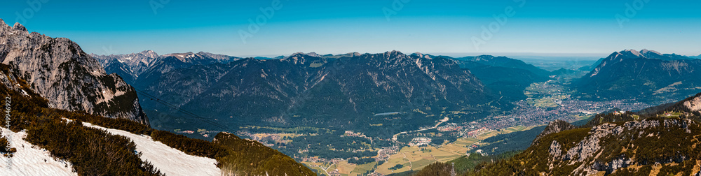 High resolution stitched panorama of a beautiful alpine summer view at the famous Alpspitze summit near Garmisch Partenkirchen, Bavaria, Germany