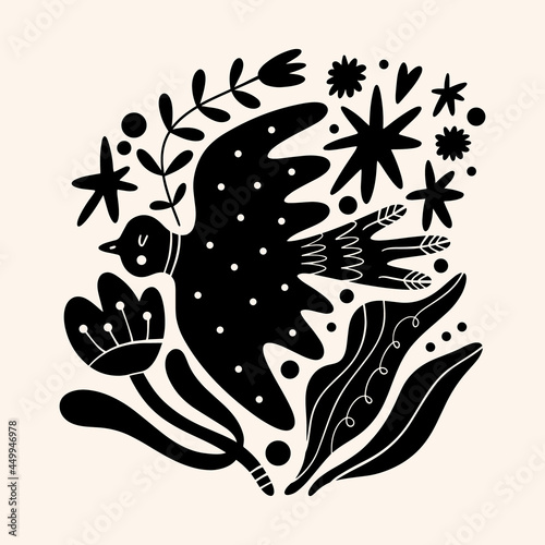 Cute Scandinavian bird art. Folk rural rustic fairytale style, hygge and lagom design. Nordic scandi decor elements.