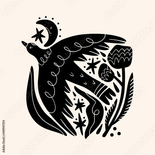 Cute Scandinavian bird art. Folk rural rustic fairytale style, hygge and lagom design. Nordic scandi decor elements.