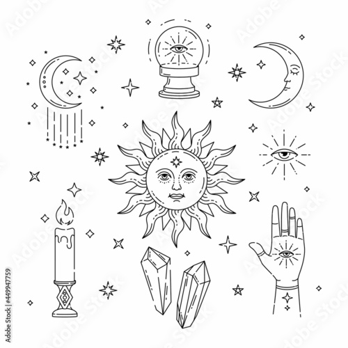 Celestial Magic outline illustration of icons and symbols of sun, moon, crystals, evil eye, witch hands. Set of Esoteric symbols, alchemy and witchcraft vector art.