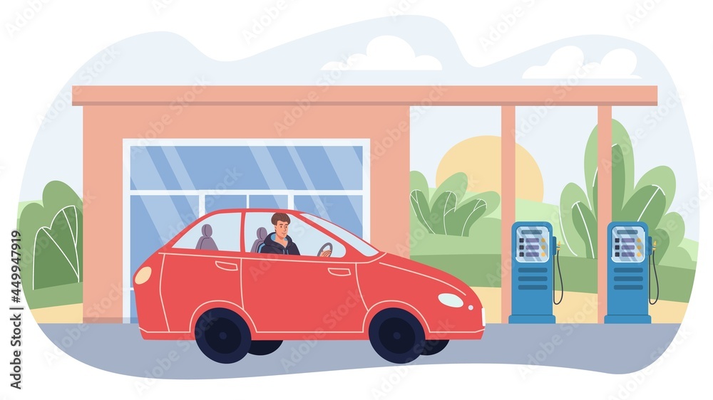 Vector flat cartoon character in city life scene-stylish young man sits in car at gas station and waits for refueling.Web online banner design,life scene,social story concept