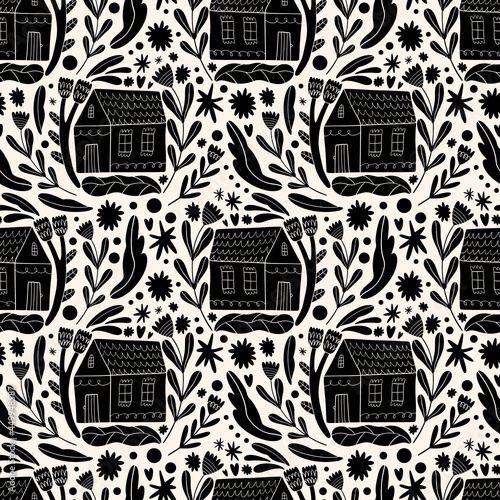 Small whimsical houses seamless pattern. Folk rural rustic fairytale Scandinavian style, hygge and lagom concept. Nordic scandi decor elements.