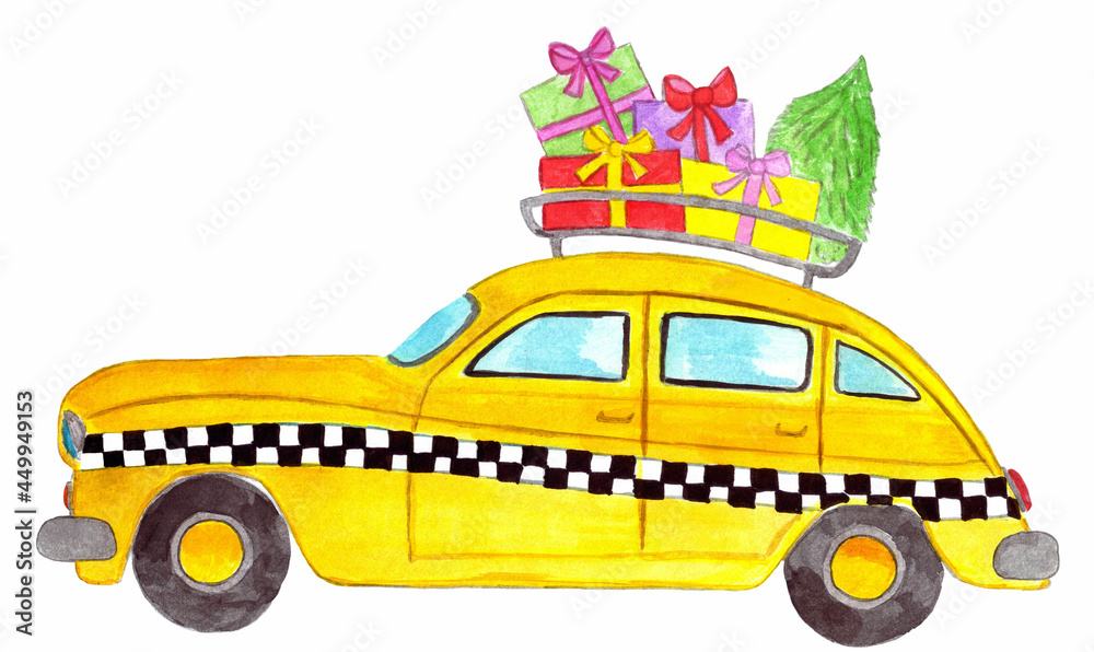 Retro yellow cab with Christmas gifts