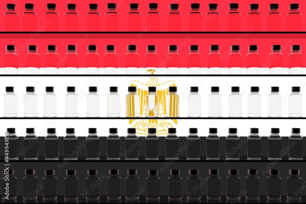 Glass vaccine vials on the shelves and flag of Egypt. Vaccination related conceptual 3D rendering