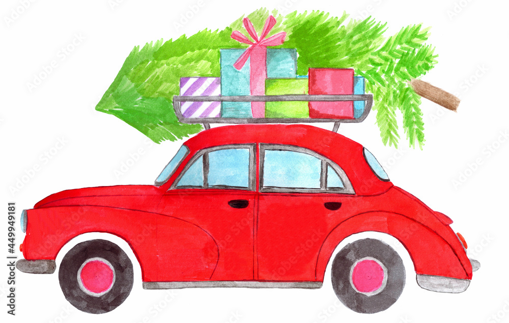 Retro car with Christmas gifts