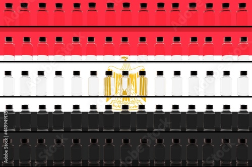 Glass vaccine vials on the shelves and flag of Egypt. Vaccination related conceptual 3D rendering