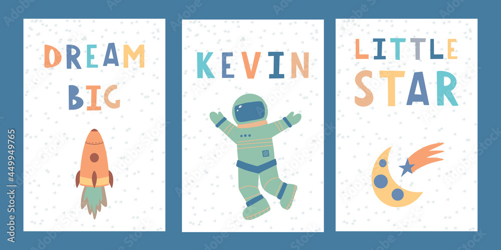 Cute space collection with lettering childrens print vector cartoon illustration in pastel colors