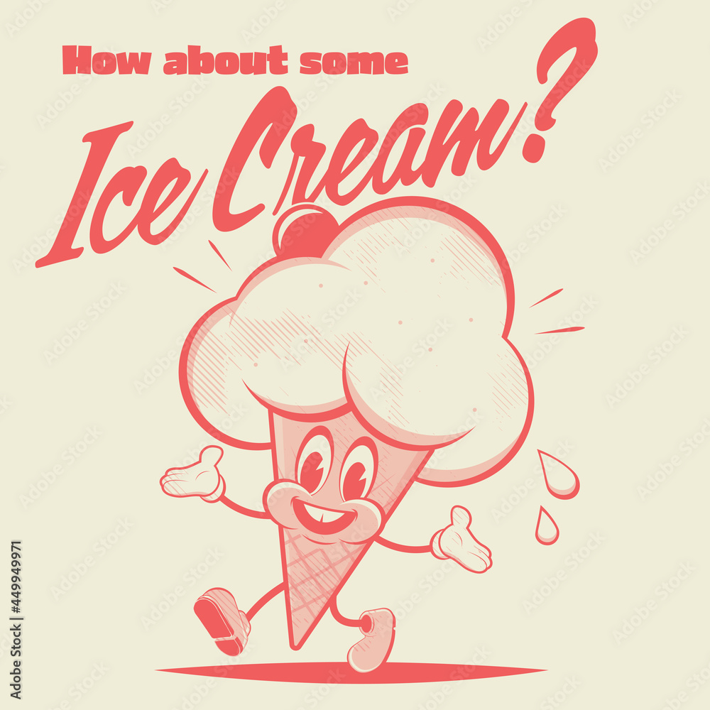retro cartoon illustration of a happy ice cream cone