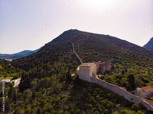 Mali Ston waterfront aerial view, Ston walls in Dalmatia region of Croatia