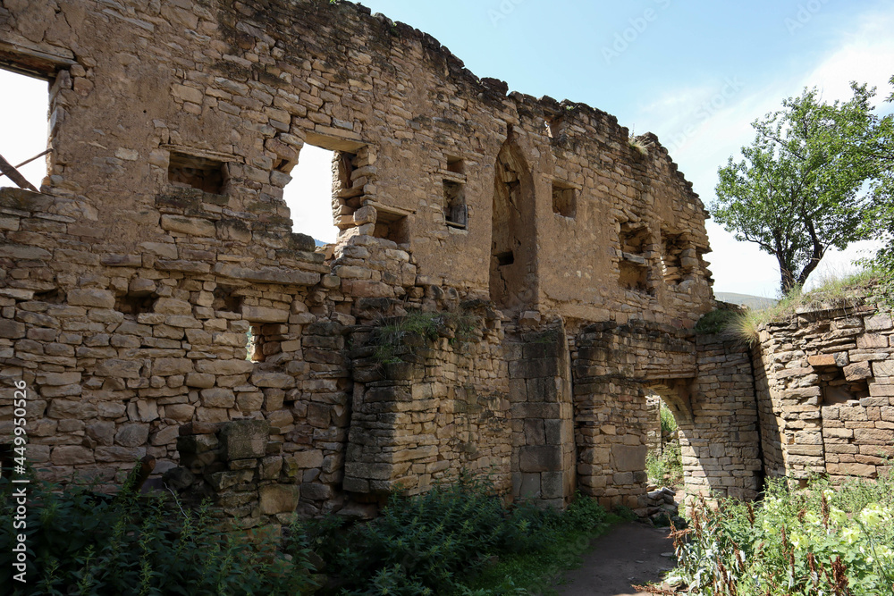 ancient ruined mosque in abandoned village old Kahib in Dagestan, Russia