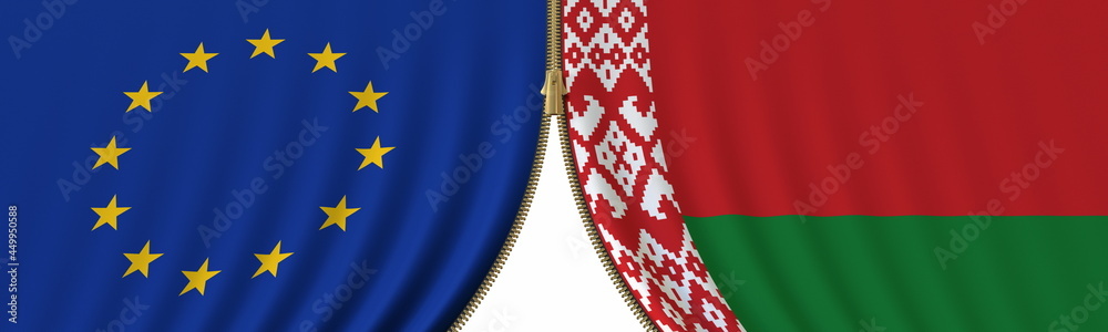 EU and Belarus cooperation or conflict, flags and closing or opening zipper between them. Conceptual 3D rendering