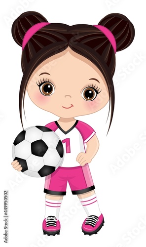 Cute Little Dark-Haired Girl Holding Soccer Ball. Vector Girl with Football Ball