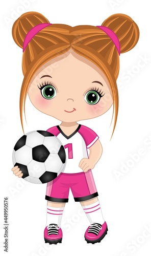 Cute Little Redheaded Girl Holding Soccer Ball. Vector Girl with Football Ball