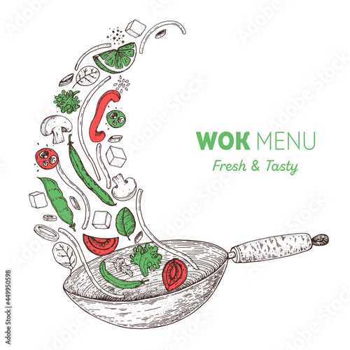 Wok pan and ingredients for wok sketch. Hand drawn vector illustration. Asian food. Noodles, meat, pepper and other ingredients. Asian cuisine.