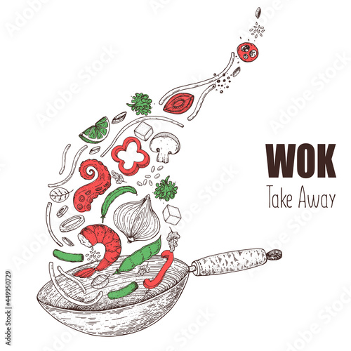 Wok pan and ingredients for wok sketch. Hand drawn vector illustration. Asian food. Noodles, meat, pepper, shrimp and other ingredients. Asian cuisine.