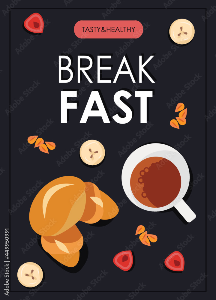 Promo flyers for breakfast menu, healthy eating, nutrition, cooking, fresh food, dessert, diet, pastry, cuisine. Vector illustration for banner, flyer, cover, advertising, menu, poster. - obrazy, fototapety, plakaty 