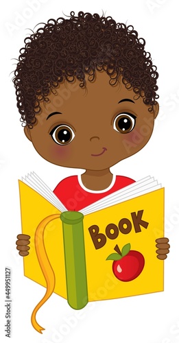 Cute African American Boy Reading Book. Vector Little Boy with Book