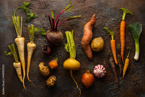 Fresh root vegetables on textured background. Autumn harvest. Concept healthy food.