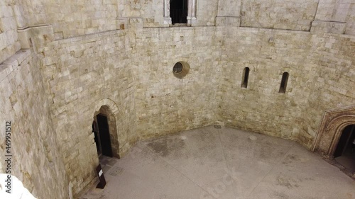 Interior view in Castel del Monte, famous medieval fortress in Apulia, southern Italy.July-26-2021