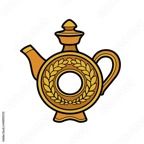 Russian traditional round earthenware jug for kvass outline for coloring on a white background