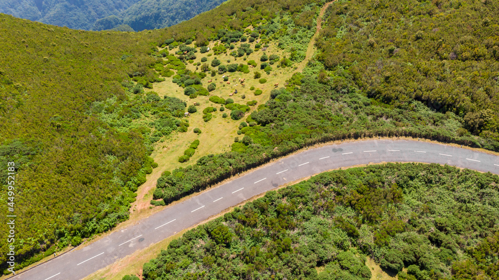Drop down view of a road bend running through countryside. Drop down view of a road bend running through countryside.