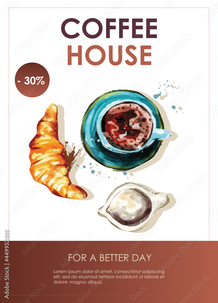 Promo flyer with cup of coffee. Coffee house, nutrition, cooking, breakfast menu. Vector illustration for banner, poster, special offer, menu. - obrazy, fototapety, plakaty 
