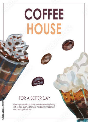 Promo flyer with cup of coffee. Coffee house, nutrition, cooking, breakfast menu. Vector illustration for banner, poster, special offer, menu.