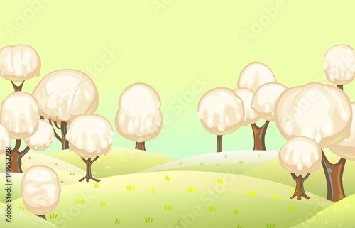 Fabulous sweet forest. Ice cream  drips of white milk cream. Sky. Trees with chocolate trunks. Cute hilly landscape for children. Beautiful fantastic illustration. Vector