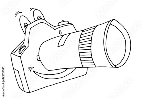Cheerful camera with eyes and a smile in doodle style. Sketch. Hand Drawn. Coloring for children.