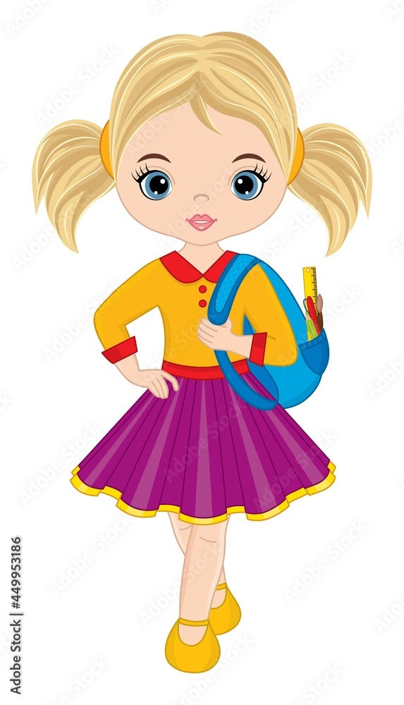 Cute School Teen Girl Holding Backpack. Vector School Girl with Rucksack Cute School Teen Girl Holding Backpack. Vector School Girl with Rucksack