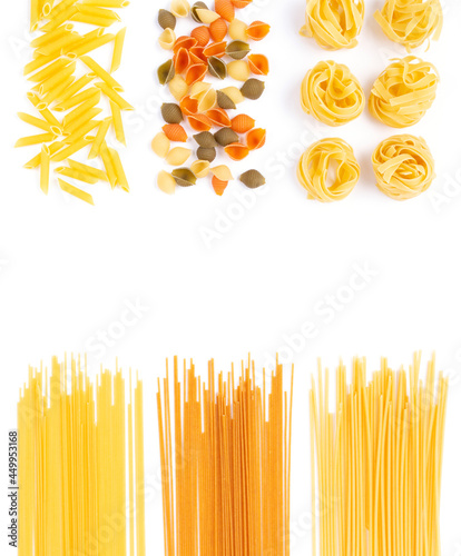 Pasta collection food isolated on white background. Raw pasta assortment