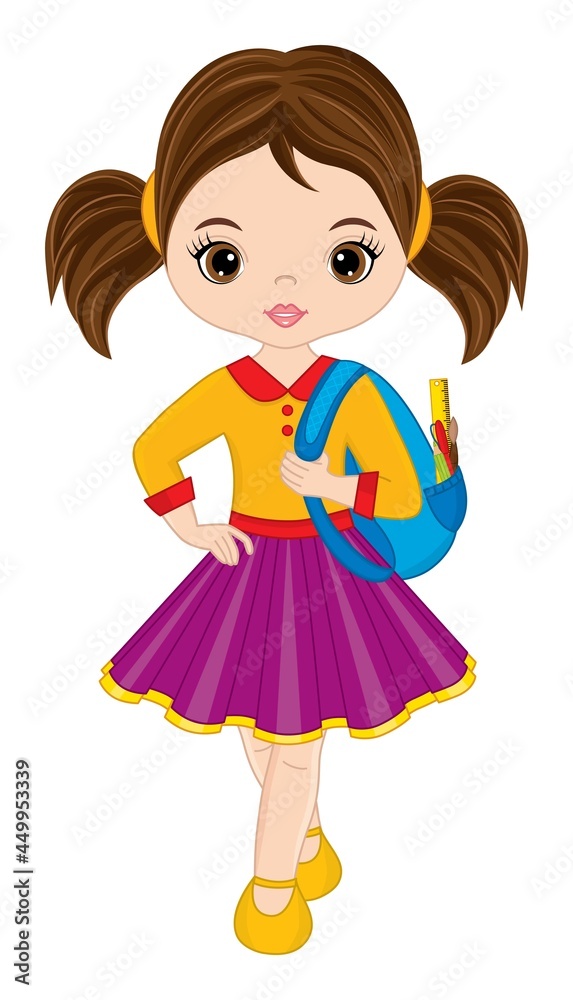 Cute School Teen Girl Holding Backpack. Vector School Girl with Rucksack