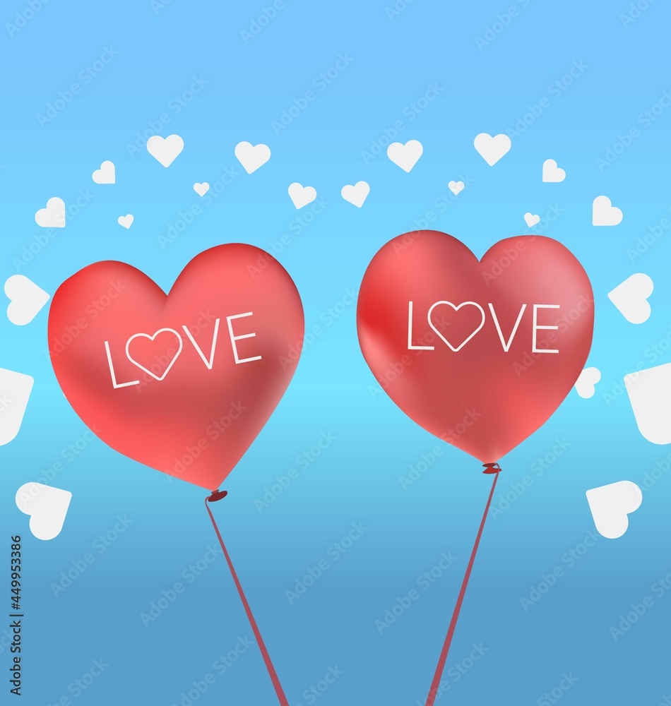 2 Realistic 3D Heart Shaped Balloons On A Blue Background Surrounded By White Hearts