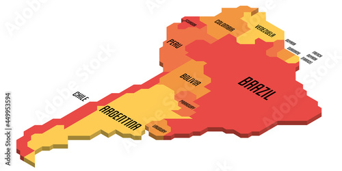 Isometric political map of South America. Colorful land with country name labels on white background. 3D vector illustration