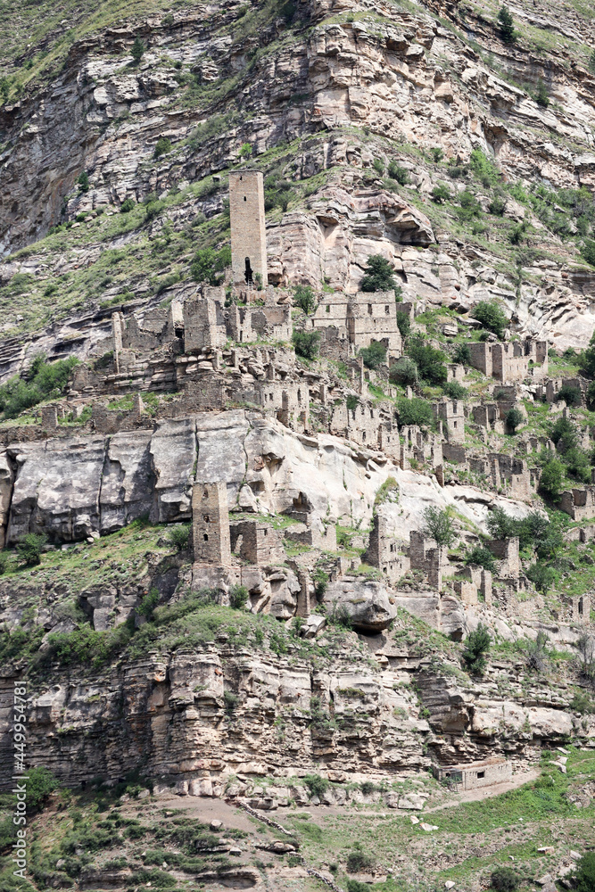 beautiful panoramic scenic view to ancient abandoned ghost village old Kahib in mountains of Dagestan, Russia