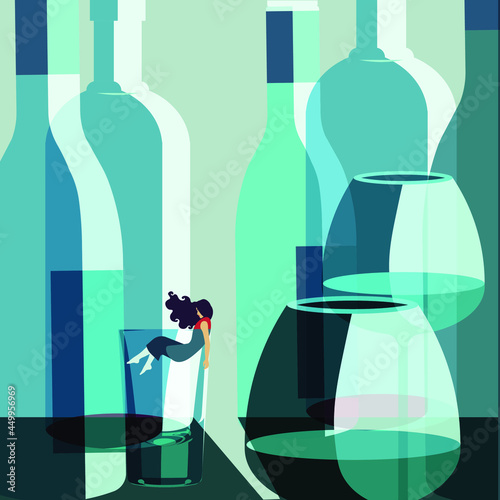 Global Health - Drug Abuse - woman in a shot glass amid giant bottles