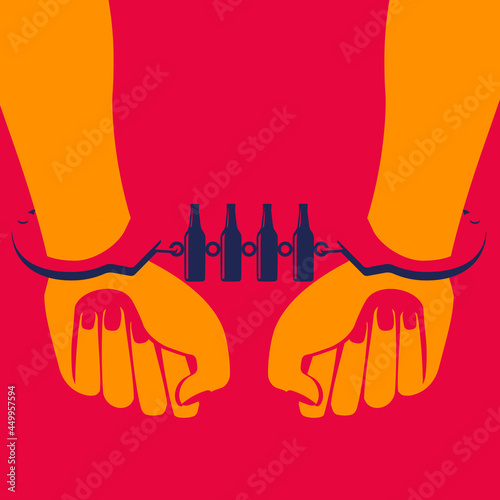 Global Health - Drug Abuse - woman handcuffed by alcohol bottles
