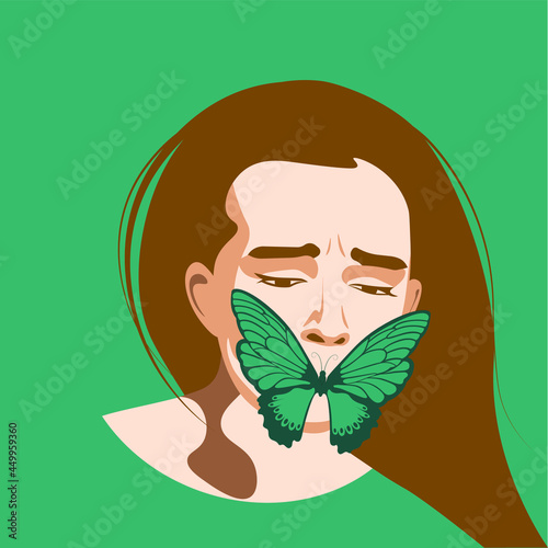 Feminism - Violence Against Women - Women Rights - Domestic Violence - sad woman face with butterfly over her mouth